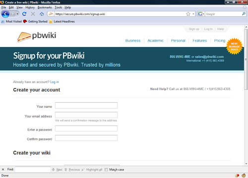 The Signup for Your PBWiki page.