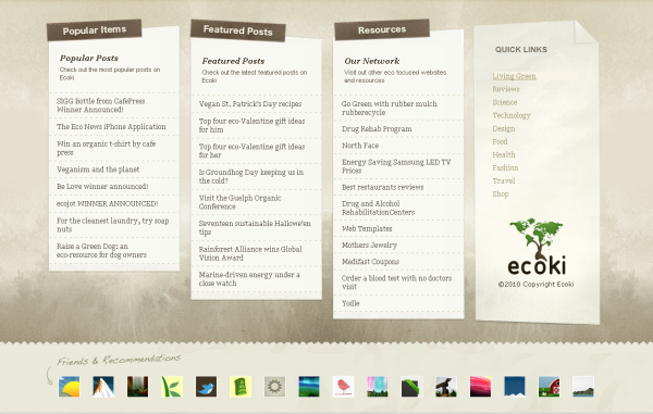 Numerous options greet the visitor who reaches the ecoki site footer