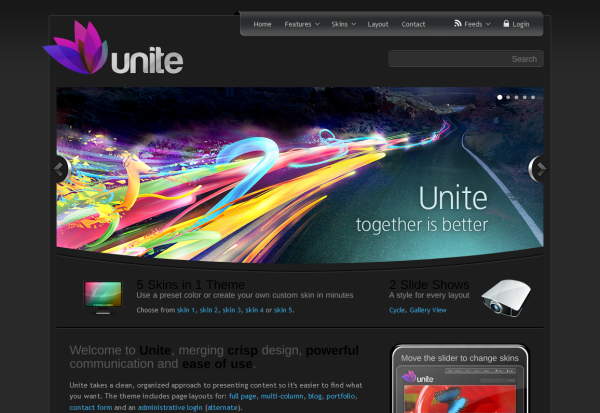 Striking, bold images greet the visitor to the Unite theme’s home page