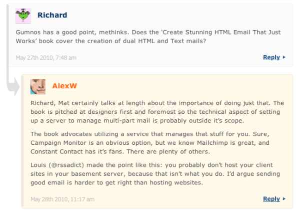 The SitePoint blogs use an arrow to display threaded comments