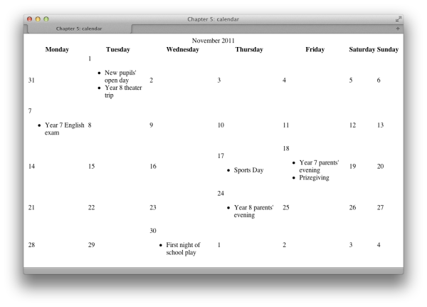 The table without CSS calendars basic