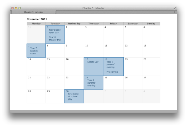 A calendar marked up as a table and styled with CSS calendars styling