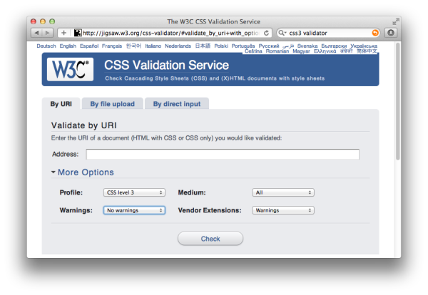 Setting options on the CSS Validator CSS Validator