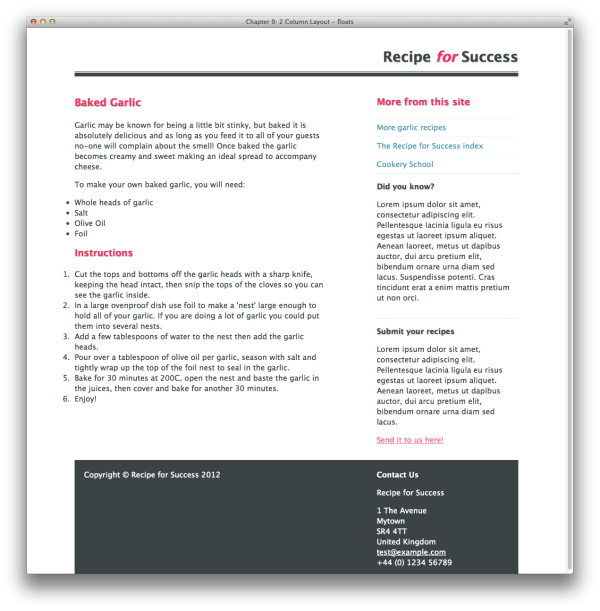 A two-column layout using floats, with our footer at the bottom layouts two-column with footer columns footers with footers floating float property footers