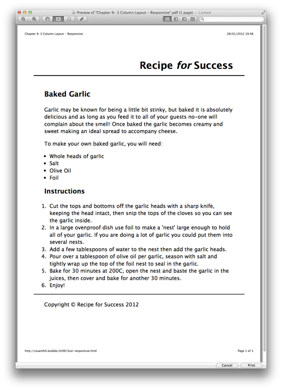 Our layout in a print preview stylesheets printer-friendly print output