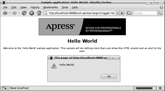 The result of running the HelloWorld sample application in web mode