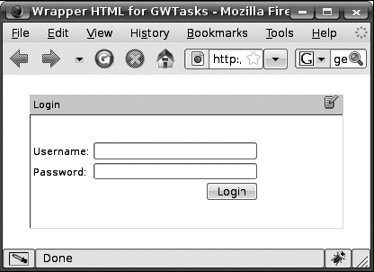 The login screen of the GWTasks sample application