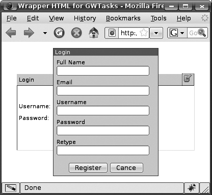 The register screen of the GWTasks sample application