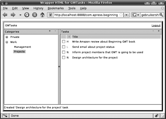 The main screen of the GWTasks sample application