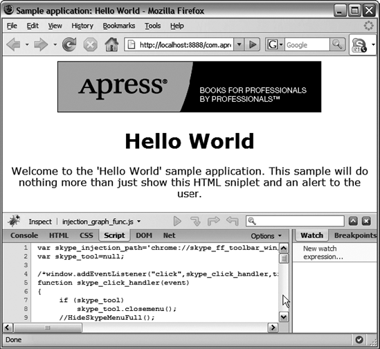 The expanded Firebug toolbar for the Hello World sample application