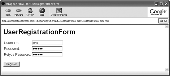 The UserRegistrationForm application screenshot