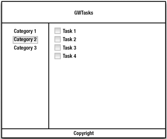 Wireframe of the main page including the categories and tasks lists