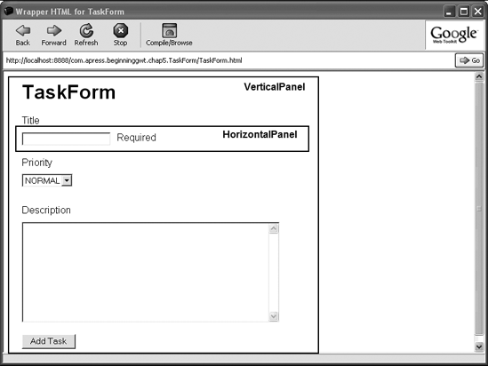 Using HorizontalPanel and VerticalPanel to lay out the TaskForm