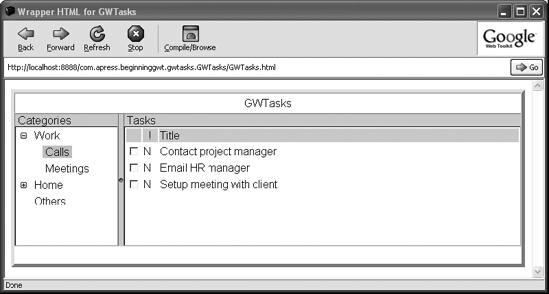 The GWTasks application using the TitledPanel