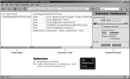 The Selenium test runner with the selected test suite