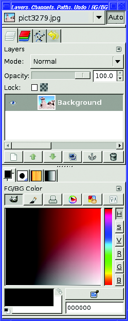 The Layers (top) and Color (bottom) dialogs docked together, along with many other dialogs also docked (see the tabs above "Layers" and above "FG/BG Color")