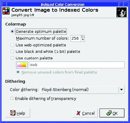 Convert Image to Indexed Colors dialog
