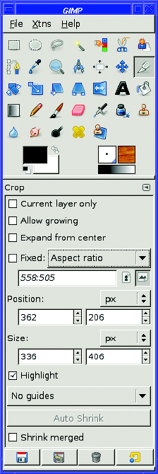The Crop button in the Toolbox, and its tool options