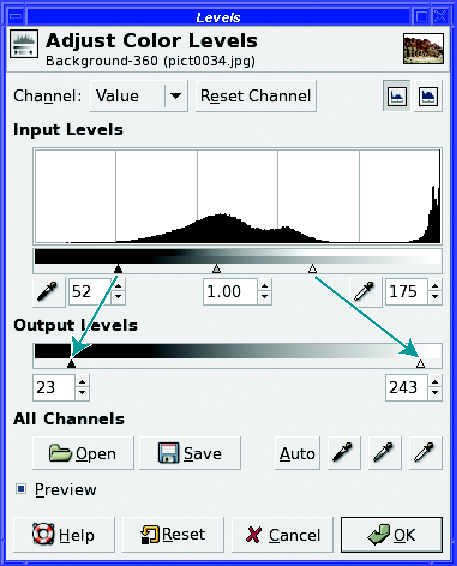 The input sliders, after the image's tonal range has been expanded, map to the output sliders to compress the final tonal range.