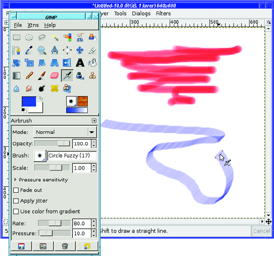 The Airbrush tool, using a large, hard-edged brush (top) and a slanted calligraphic brush (below)