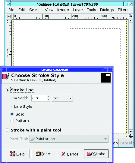 The Stroke Selection dialog, with a rectangular selection active