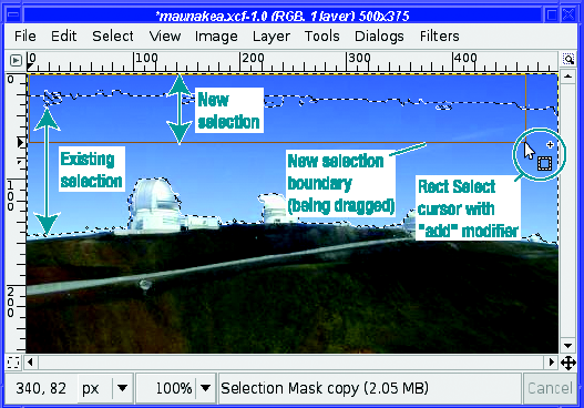 Use the Rectangle Select tool to add a selection at the top of the sky to the existing selection.