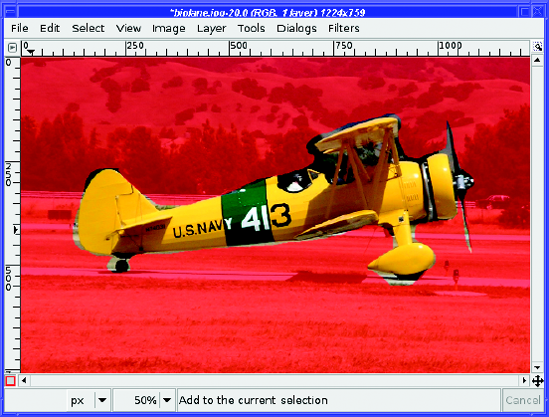 The QuickMask view of the biplane Lasso selection