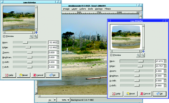 Lens Distortion: negative correction (left) compresses the center and expands the edges (note the way the stream in the foreground bends), while positive correction (right) expands the center and compresses the edges.