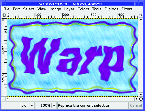 25 steps of random Warp on some text and a rectangular border. The "Rain" pattern background was not warped.