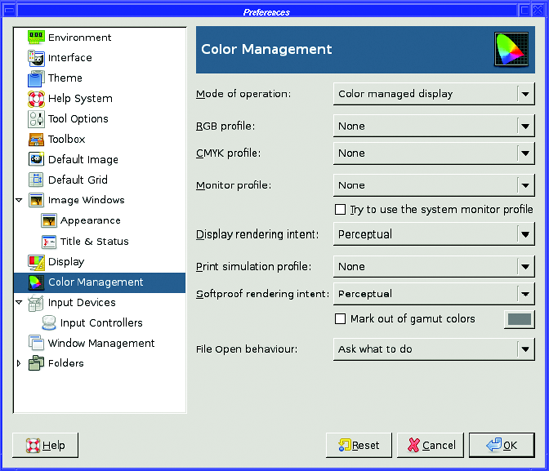 The Color Management preferences panel