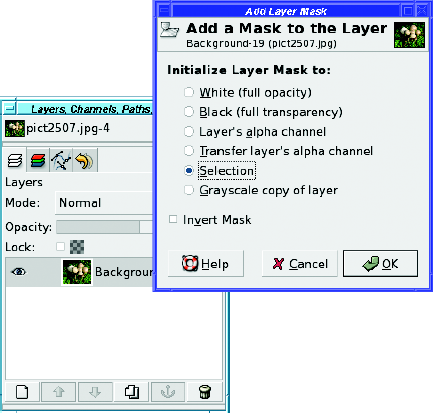 Make a new layer mask, initialized to "Selection."