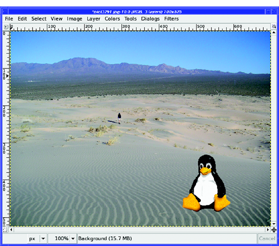 Notice the direction of the hiker's shadow. Tux looks somehow artificial without a shadow.