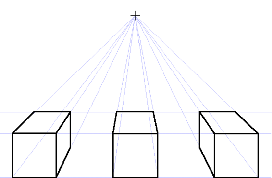 A classic example of single-point perspective: three boxes drawn with one vanishing point