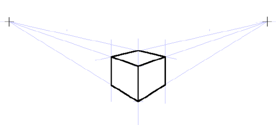 Perspective using two vanishing points. Note the guide layout is very different from single-point drawings.