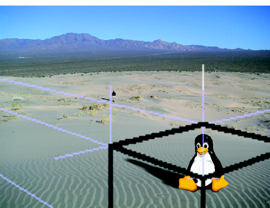 Centered on Tux (the focus of the image), the two-point cube's perspective lines show the relationship of Tux's shadow to the hiker's.