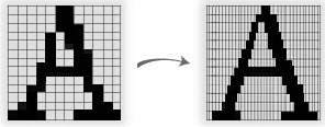 On the left is regular pixelated type; on the right is the same character using subpixels.