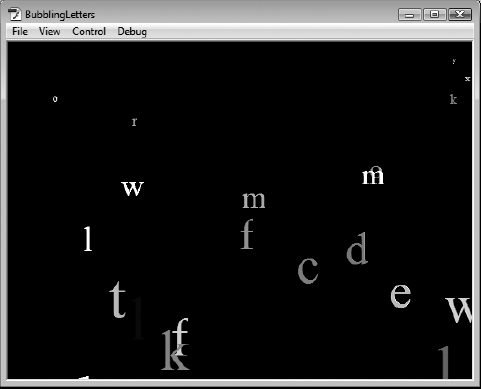 Letters randomly generated, formatted, and put into motion using ActionScript