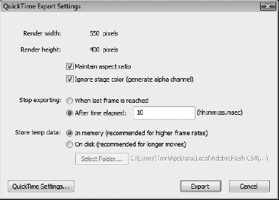 The QuickTime Export Settings dialog box
