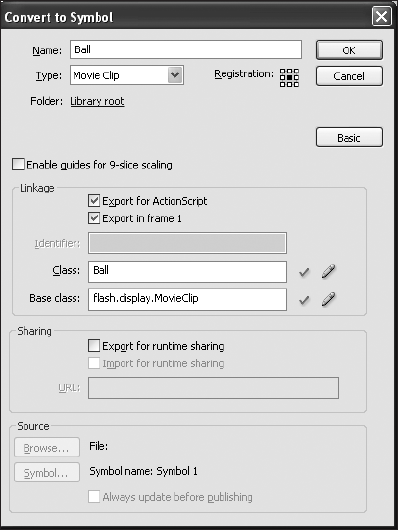 The Convert to Symbol dialog box with all the necessary fields filled in for the Ball class