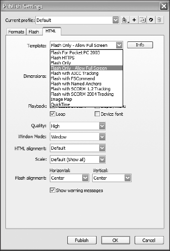Test the full-screen mode using the selected template in the Publish Settings dialog box.