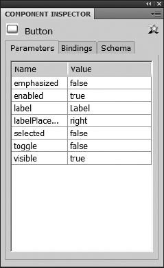 The available parameters for a Button instance, accessed through the Parameters panel