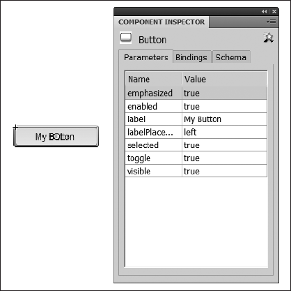 The Button instance with its selected, toggle, and emphasized properties set to true