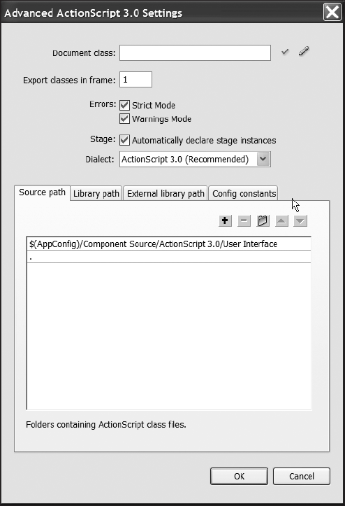 The ActionScript 3.0 Settings dialog box is where classpaths can be specified.