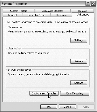 The Advanced tab of the System Properties dialog box