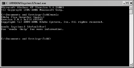 Verifying that mxmlc is installed on Windows XP/Vista