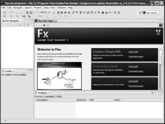 The Flex Start Page appears when you first start Flex Builder.