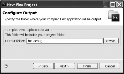 The Configure Output screen of the New Flex Project wizard