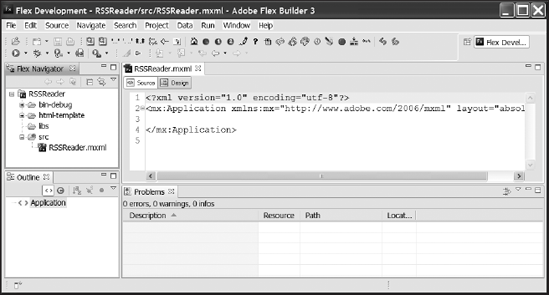 The RSSReader.mxml file open in Source view