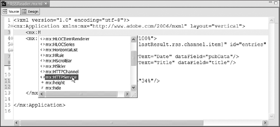 Flex Builder 2's MXML editor suggests tags after you begin typing.