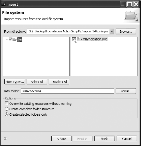 Choosing to import the xmlsyndication.swc file